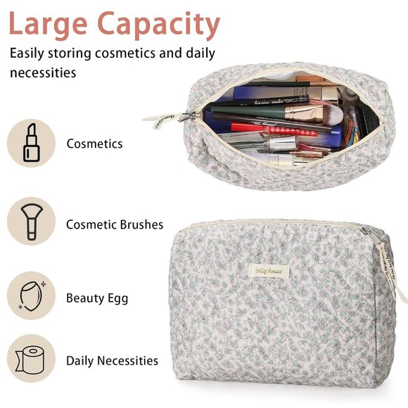 Women Kawaii Floral Cosmetic Large Travel Toiletry Cosmetic Pouch Creamy Green - Picture 3 of 7